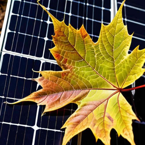 Home 11 **
A close-up, macro photograph showcasing the intricate vein patterns of a maple leaf, juxtaposed with a highly detailed, futuristic solar panel design that mimics those veins. The solar panel has a textured surface, and the light is hitting both the leaf and the panel at an angle, creating highlights and shadows that emphasize the intricate details. The background is blurred, showing a lush forest scene. The image should evoke a sense of biomimicry and sustainable energy innovation.
**