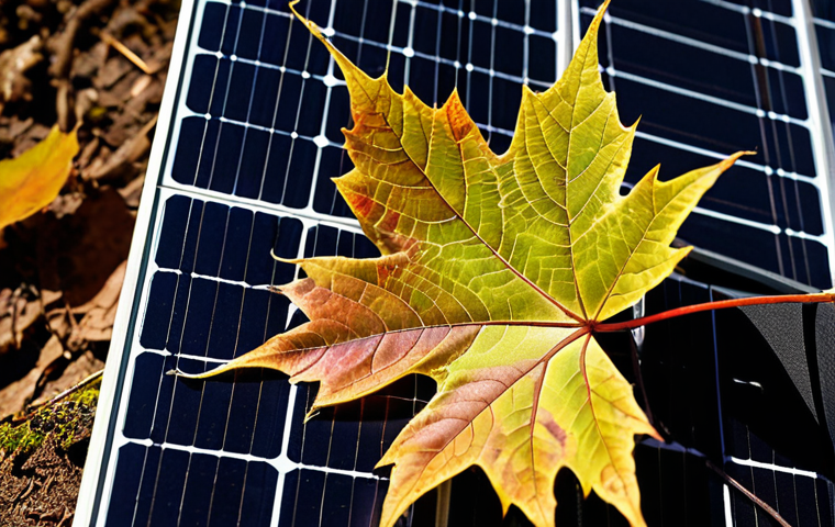 **
A close-up, macro photograph showcasing the intricate vein patterns of a maple leaf, juxtaposed with a highly detailed, futuristic solar panel design that mimics those veins. The solar panel has a textured surface, and the light is hitting both the leaf and the panel at an angle, creating highlights and shadows that emphasize the intricate details. The background is blurred, showing a lush forest scene. The image should evoke a sense of biomimicry and sustainable energy innovation.
**