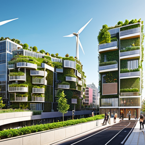 Home 6 A vibrant, futuristic urban cityscape where every building is an energy-positive generator. Gleaming modern architecture with integrated solar facades, rooftop wind turbines, and lush vertical gardens. Visible clean energy flows through a sophisticated, decentralized microgrid, illuminating pedestrian-friendly streets and community hubs. The scene is bathed in bright daylight, conveying innovation, sustainability, and collective urban vitality.
