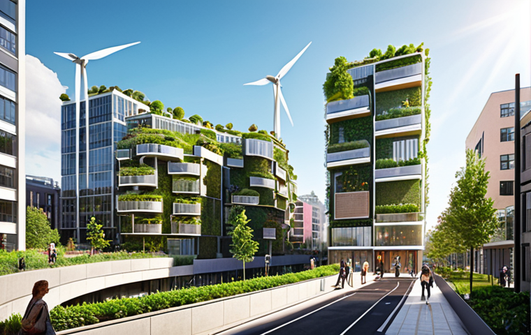 A vibrant, futuristic urban cityscape where every building is an energy-positive generator. Gleaming modern architecture with integrated solar facades, rooftop wind turbines, and lush vertical gardens. Visible clean energy flows through a sophisticated, decentralized microgrid, illuminating pedestrian-friendly streets and community hubs. The scene is bathed in bright daylight, conveying innovation, sustainability, and collective urban vitality.