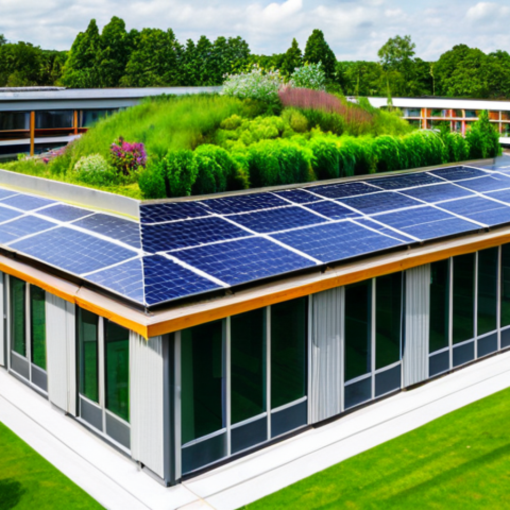 **

"A modern school building with solar panels seamlessly integrated into the roof and facade, surrounded by a lush green roof garden. Children are learning about plants in the garden. Interactive displays inside show real-time energy usage. Fully clothed students in appropriate attire. Safe for work, family-friendly, professional architecture photography, perfect anatomy, natural proportions, high quality, environmental education theme, sustainable building design."

**