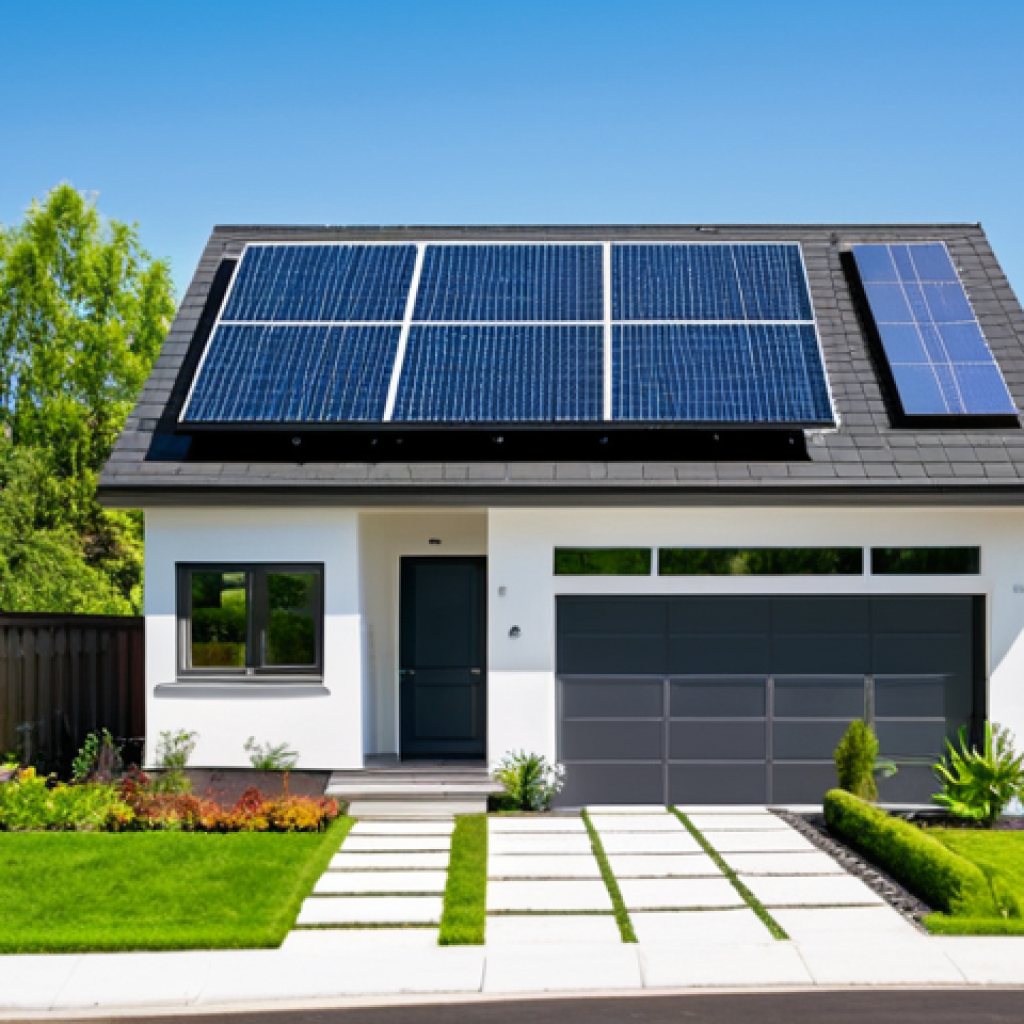 에너지 포지티브 건축의 커뮤니티 참여 모델 - Suburban Energy-Positive Home**
"A modern, two-story suburban home with integrated solar roof tiles...