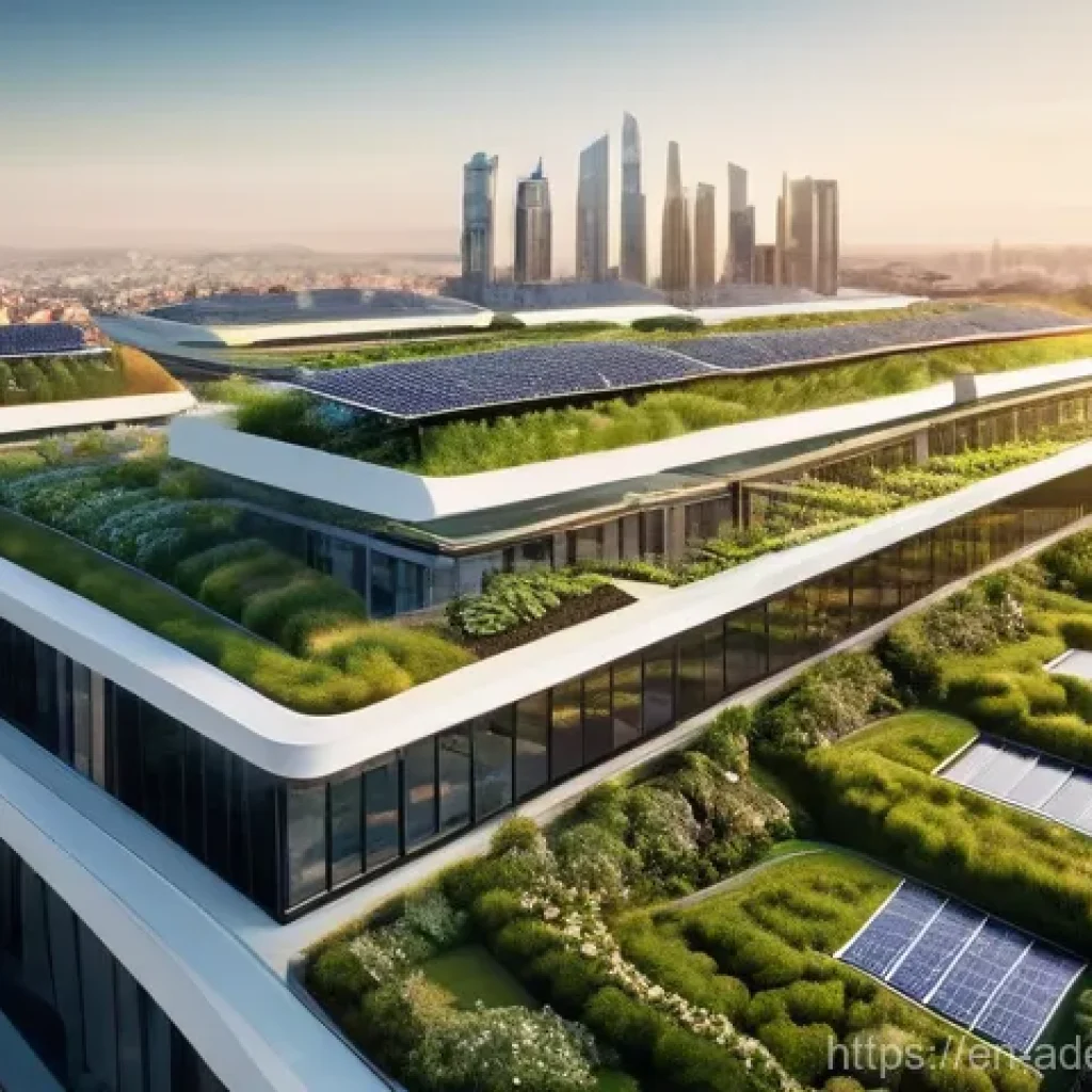 에너지 포지티브 건축과 지능형 건물 시스템 - **A panoramic view of a futuristic, self-sufficient city at sunrise.** The urban landscape is domina...