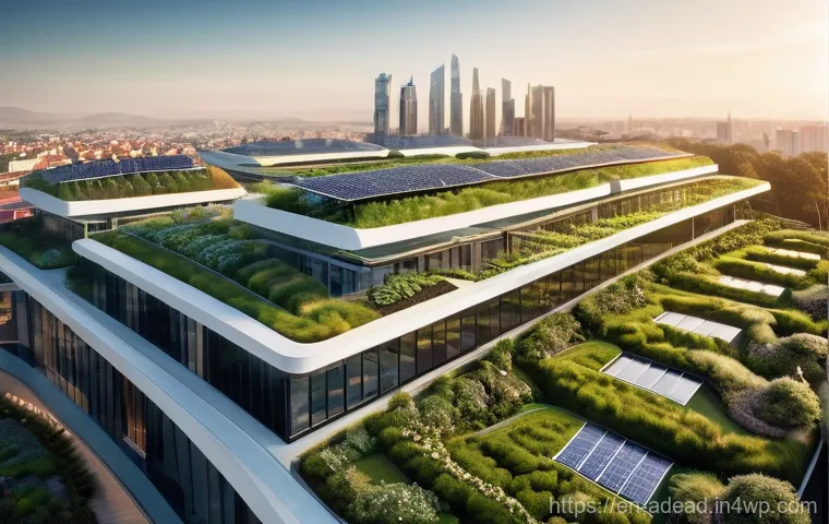 에너지 포지티브 건축과 지능형 건물 시스템 - **A panoramic view of a futuristic, self-sufficient city at sunrise.** The urban landscape is domina...