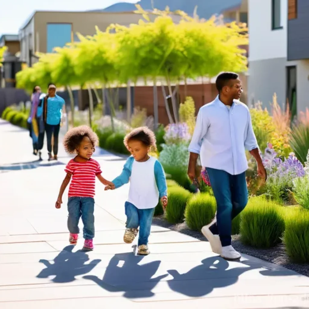 에너지 포지티브 건축의 기초 교육 프로그램 - **Prompt:** A vibrant, sun-drenched, energy-positive residential neighborhood, showcasing a variety ...
