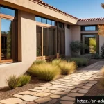 에너지 포지티브 건축의 지역적 특성 - A modern Mediterranean-style home bathed in warm sunlight, featuring large south-facing windows with...