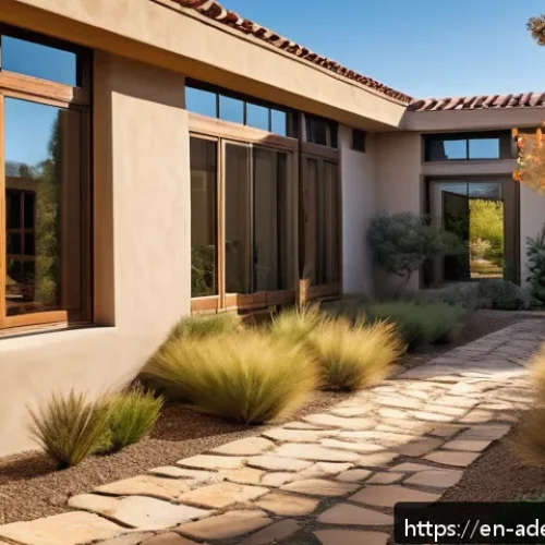 에너지 포지티브 건축의 지역적 특성 - A modern Mediterranean-style home bathed in warm sunlight, featuring large south-facing windows with...