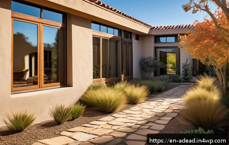 에너지 포지티브 건축의 지역적 특성 - A modern Mediterranean-style home bathed in warm sunlight, featuring large south-facing windows with...