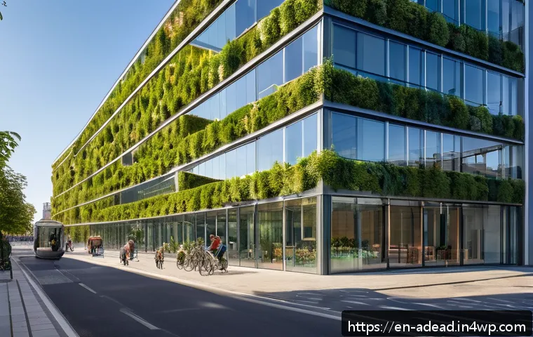 에너지 포지티브 건축과 복합 용도 개발 - A futuristic urban net-positive energy building exterior during golden hour, featuring integrated so...