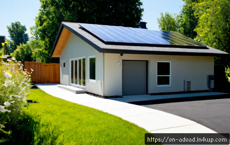 에너지 포지티브 건축과 건축가의 역할 - Photorealistic wide-angle exterior of a contemporary energy-positive home in a leafy North American ...