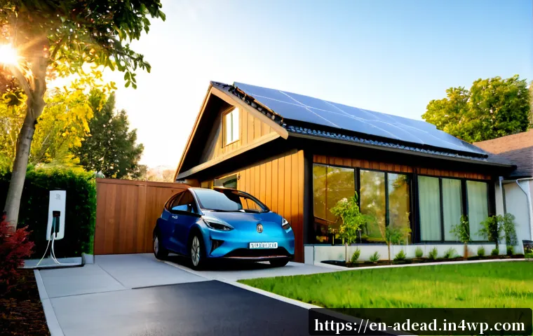에너지 포지티브 건축과 기술 혁신의 미래 - Photorealistic wide-angle view of a net-positive energy home in a leafy North American neighborhood,...